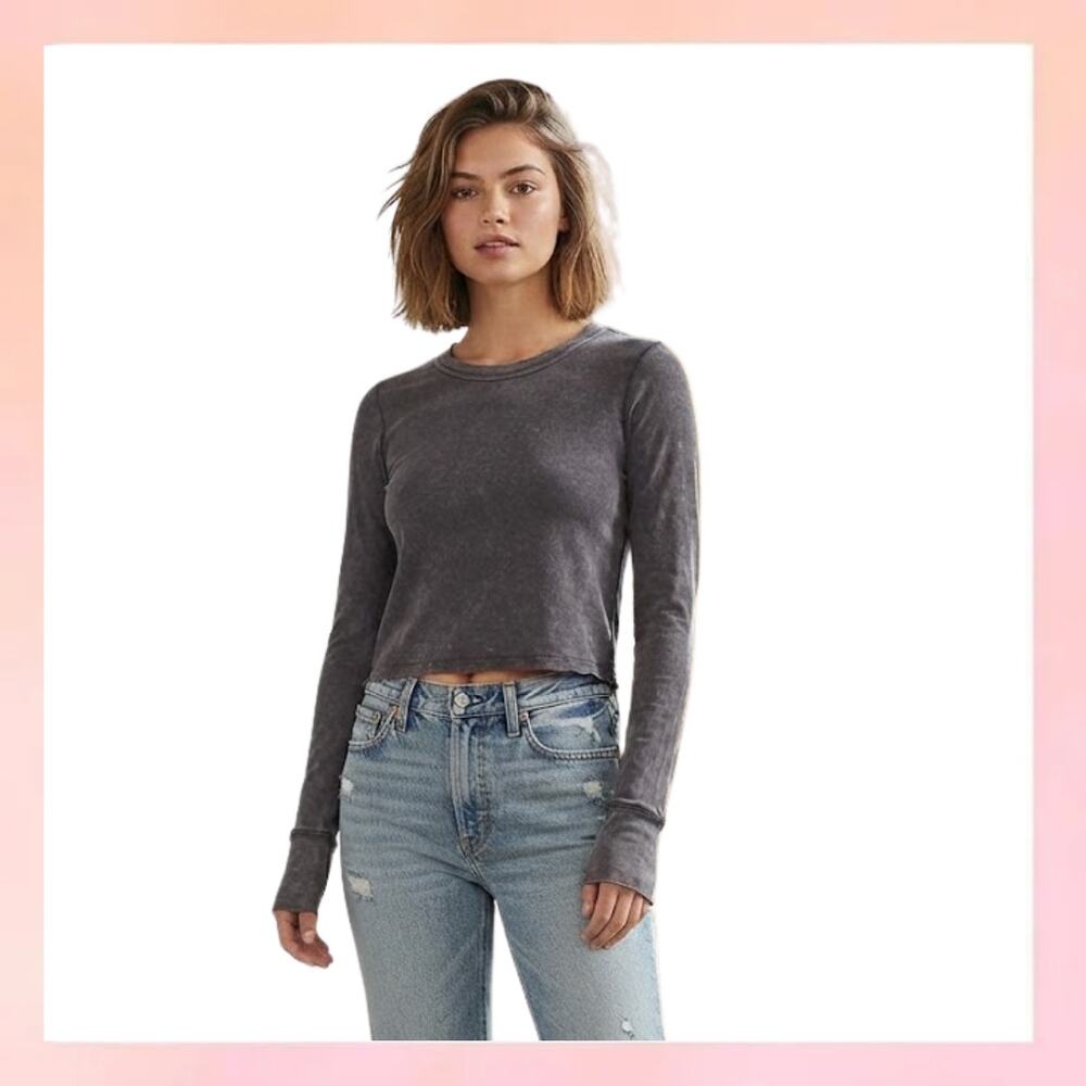 Aerie Vintage Wash Long Sleeve Crewneck Crop Top Charcoal Gray Size Medium